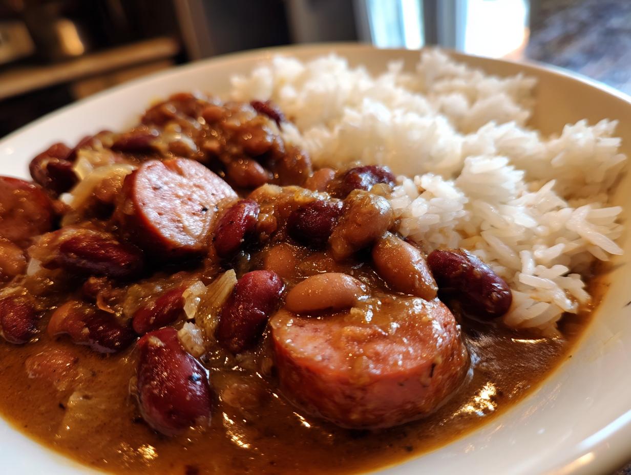 Close-up of a bowl featuring savory red beans and rice, rich with smoked sausage slices.