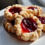 Close-up of several low-calorie thumbprint cookies with bright red raspberry jam centers, dusted with sugar.