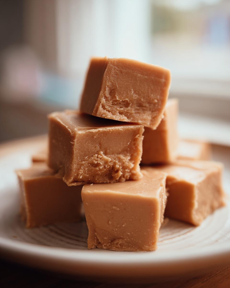 Close-up of creamy, light brown maple fudge cubes stacked on a white plate, showing a soft texture.