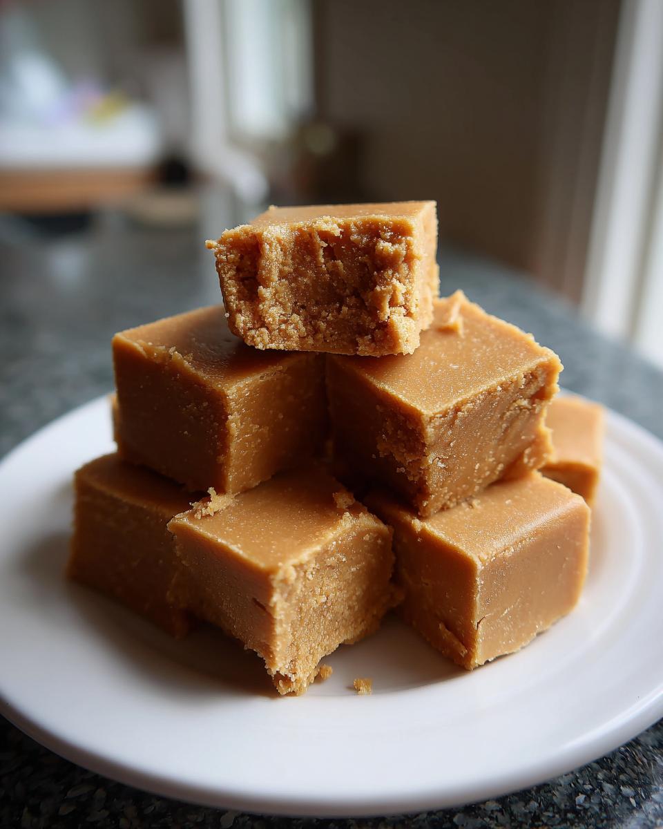 A stack of homemade maple fudge squares on a white plate, showing a bite taken out of the top piece.