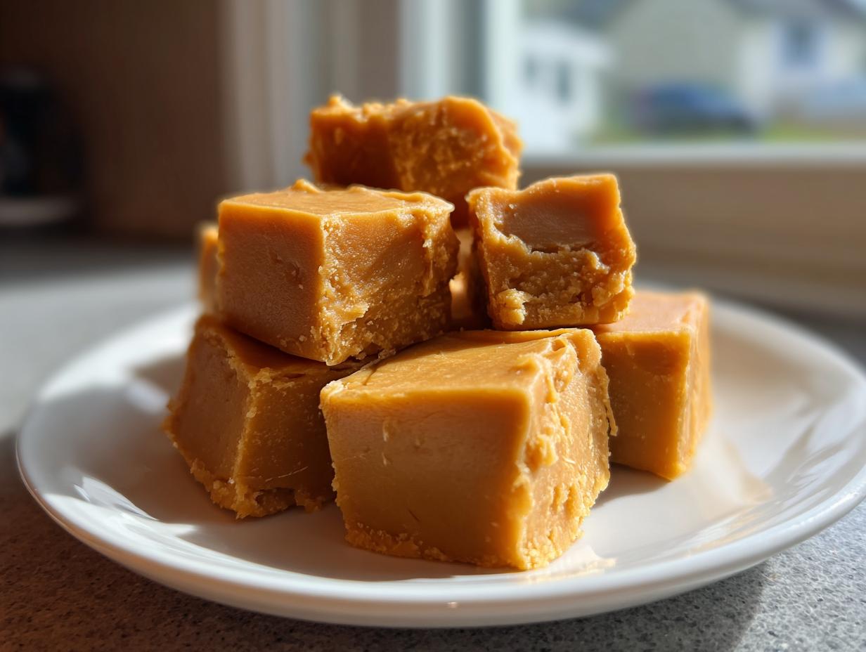 Stack of golden brown maple fudge cubes resting on a white plate, showing a soft, melt-in-your-mouth texture.
