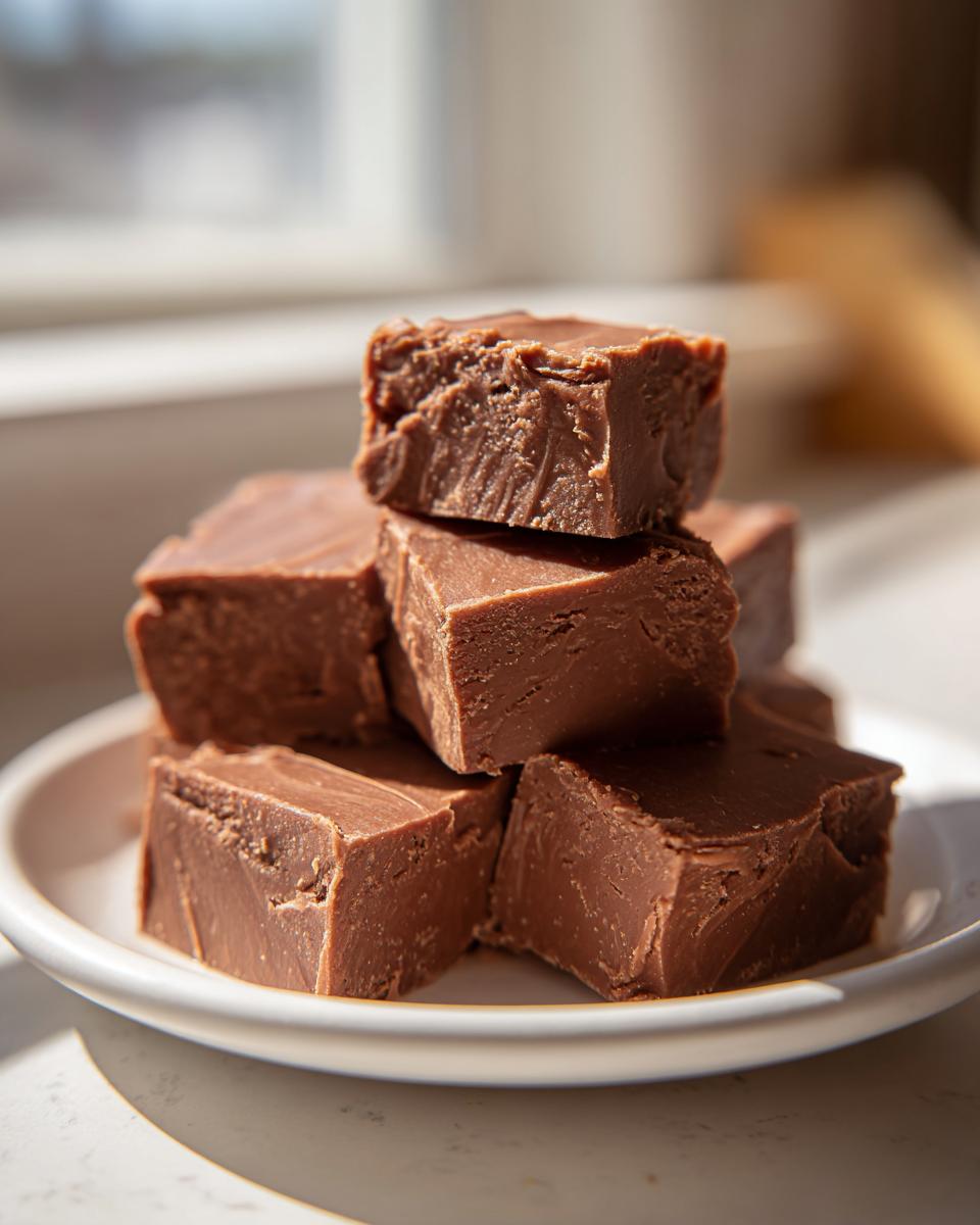 A stack of rich, brown maple fudge squares resting on a small white plate, beautifully lit by natural light.
