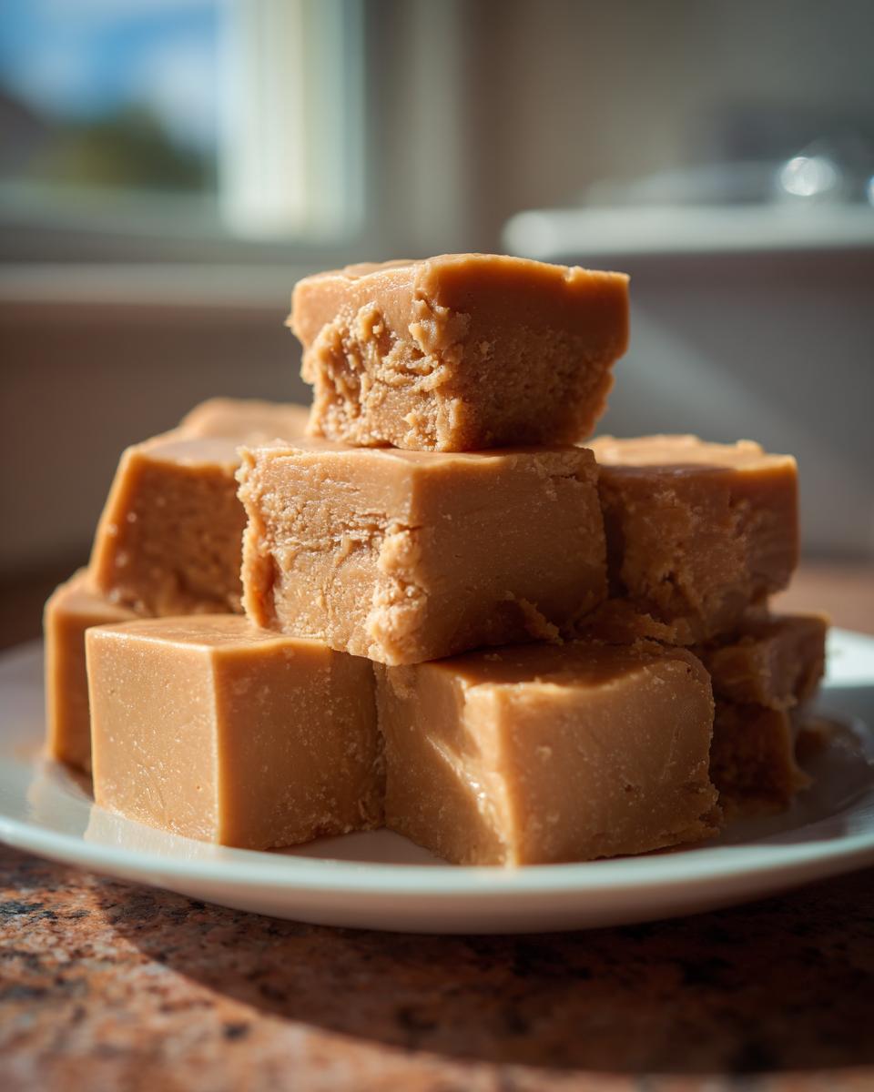 A stack of rich, light brown maple fudge squares resting on a small white plate, showing a creamy texture.