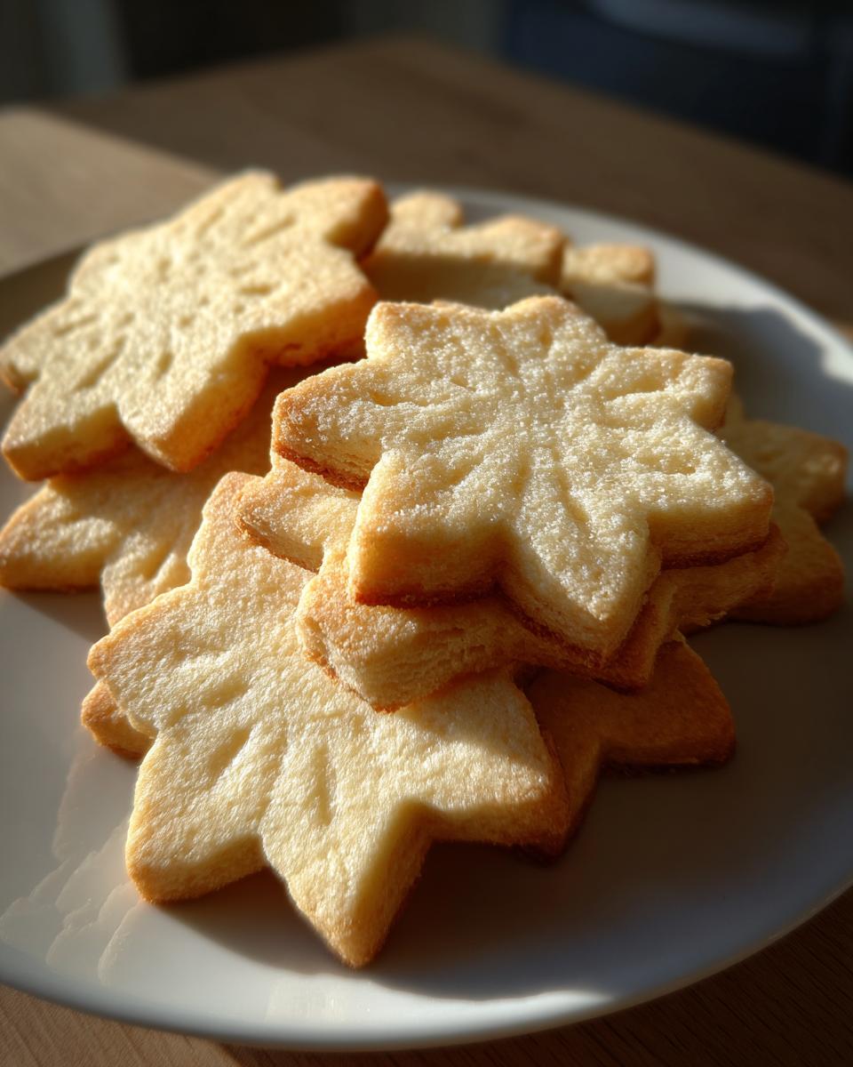 A stack of golden brown, perfectly shaped maple leaf sugar cookie cutouts dusted with sugar.