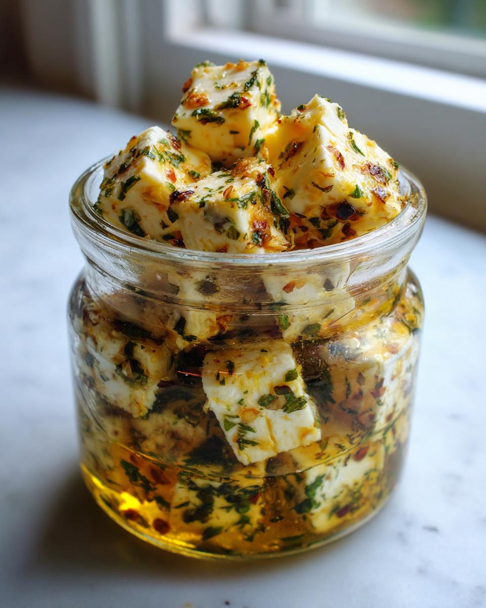 Cubes of flavorful marinated cheese coated in herbs and spices, submerged in oil inside a clear glass jar.