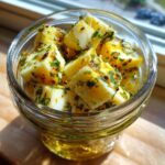 Close-up of cubed marinated cheese soaking in seasoned oil with visible green herbs and red pepper flakes.