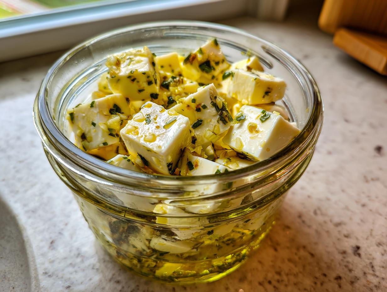 Close-up of cubed marinated cheese soaking in olive oil with herbs and garlic in a small glass jar.