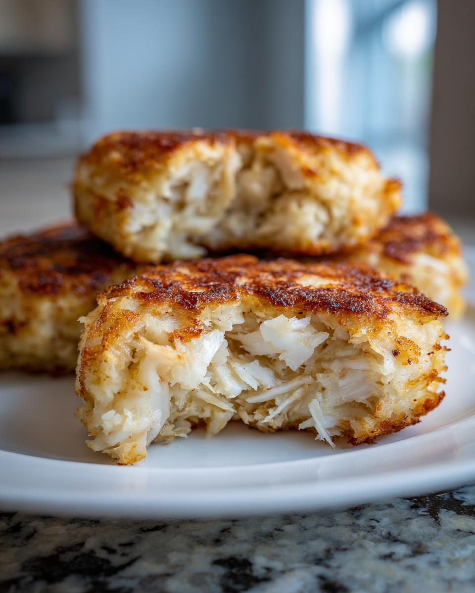Close-up of a perfectly cooked Maryland crab cake, showing the flaky white crab meat inside.