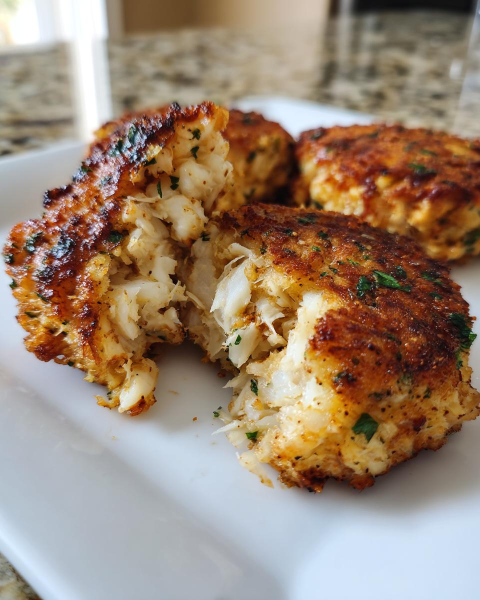 Close-up of a perfectly seared Maryland crab cake broken open to show the flaky white crab meat inside.