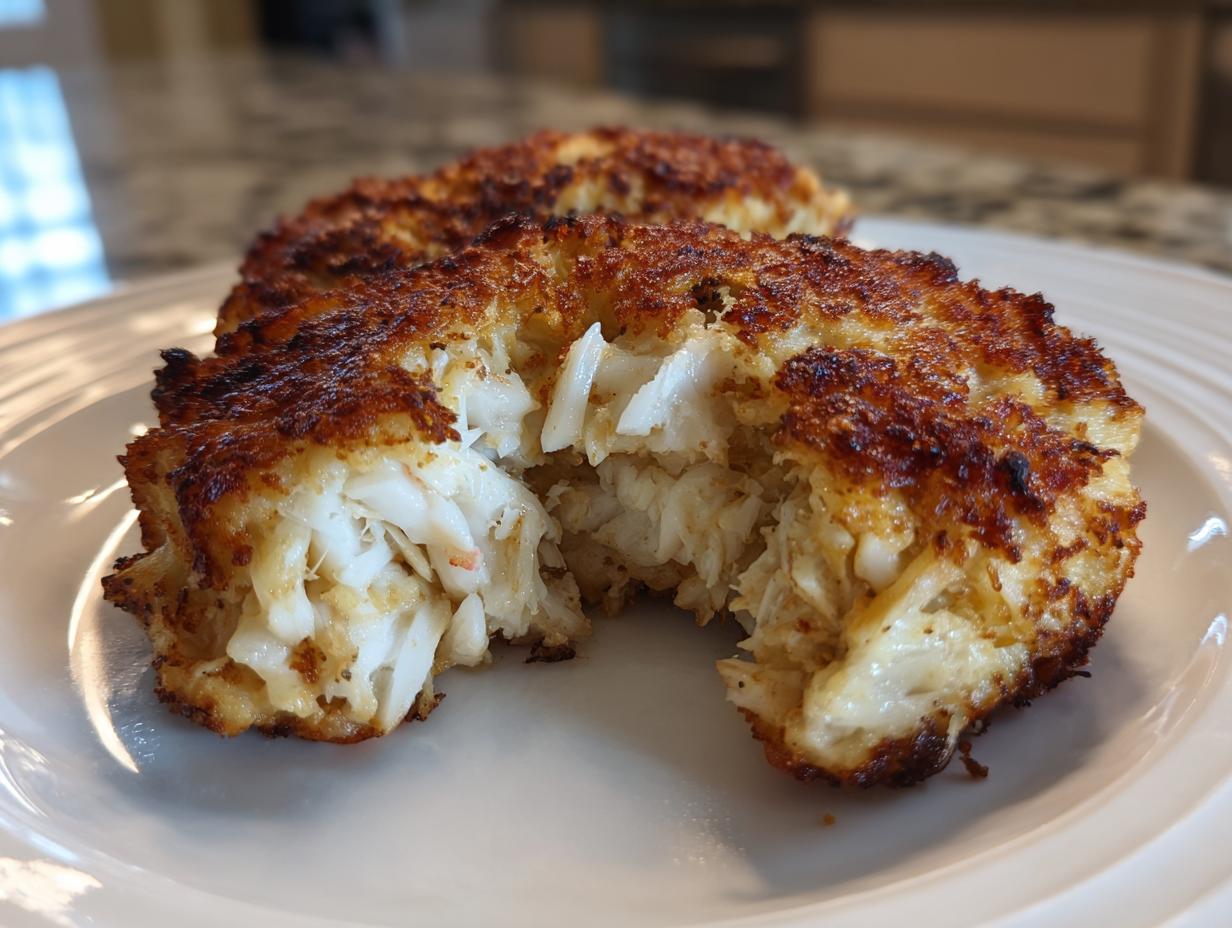 Close-up of a perfectly cooked Maryland crab cake broken open to show large chunks of white crab meat inside.