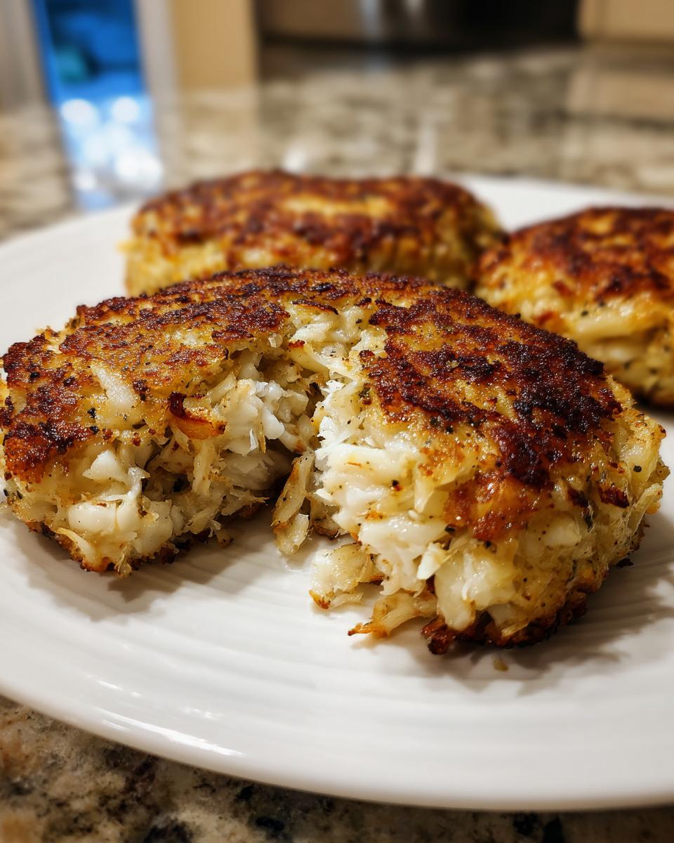 Close-up of a perfectly seared Maryland crab cake broken open to show the large chunks of white crab meat inside.