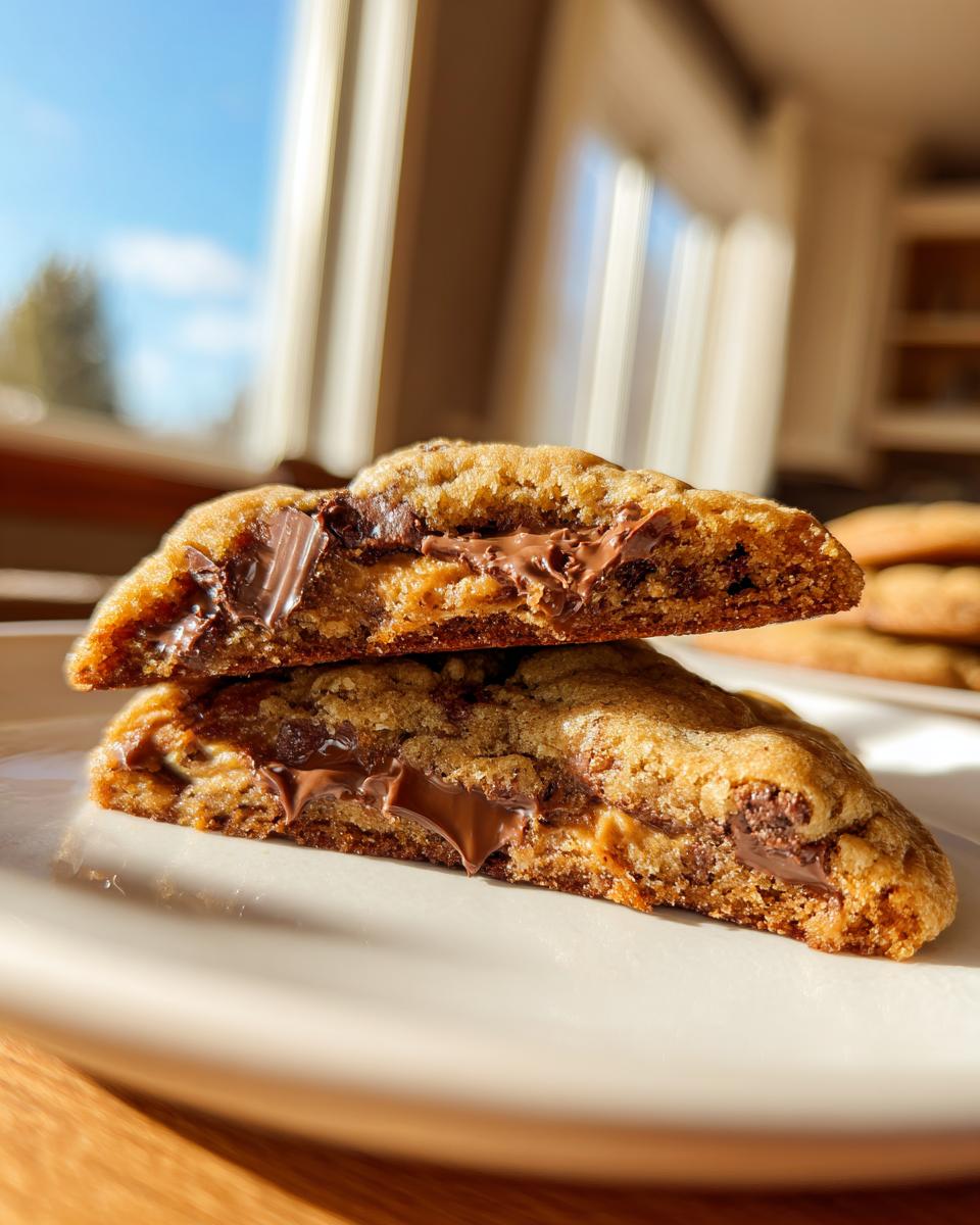 A peanut butter cup cookie cut in half showing a gooey, melted chocolate and peanut butter center.