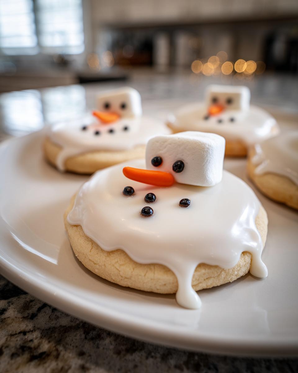 A close-up of a delicious melted snowman cookie, featuring white icing drip, marshmallow head, candy nose, and black sprinkle eyes.