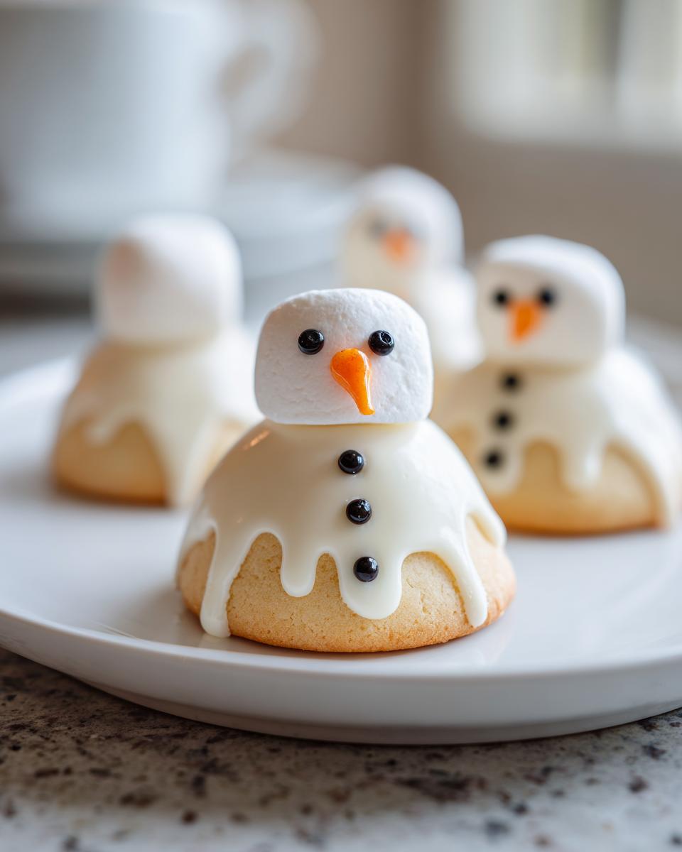 A close-up of one of the melted snowman cookies, featuring a marshmallow head, orange candy nose, and black candy eyes and buttons.