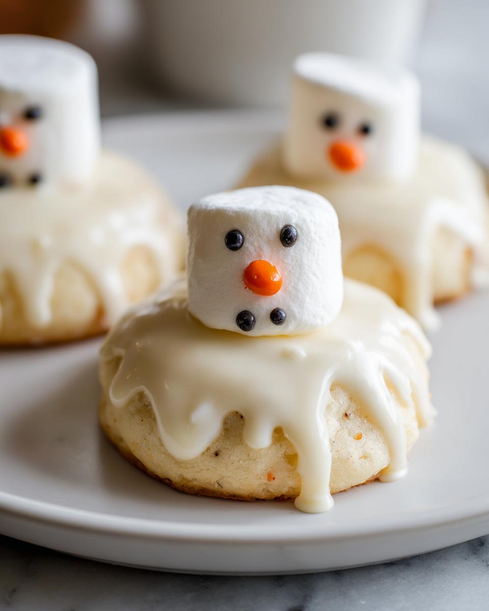Close-up of melted snowman cookies featuring a white glazed base and a marshmallow head with candy eyes and an orange nose.