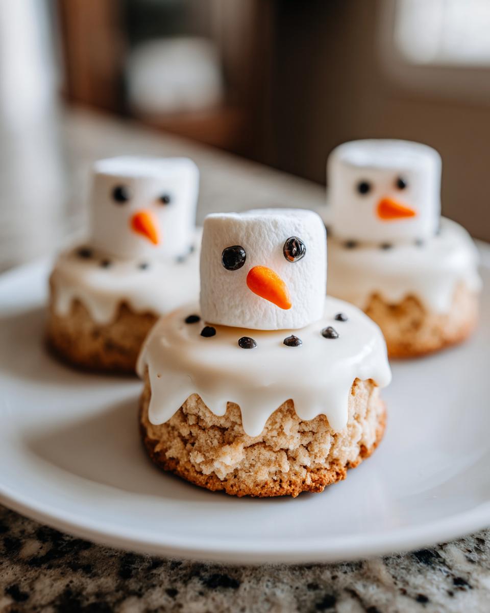 Three melted snowman cookies featuring marshmallow heads, candy eyes, and orange noses, sitting on a white plate.
