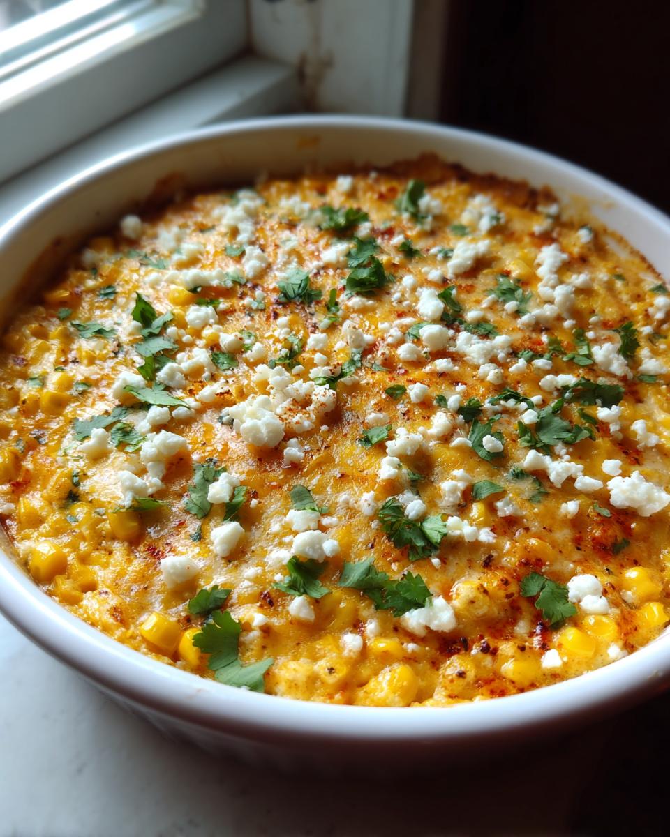 Close-up of a creamy, cheesy mexican street corn dip topped with crumbled white cheese and fresh cilantro.