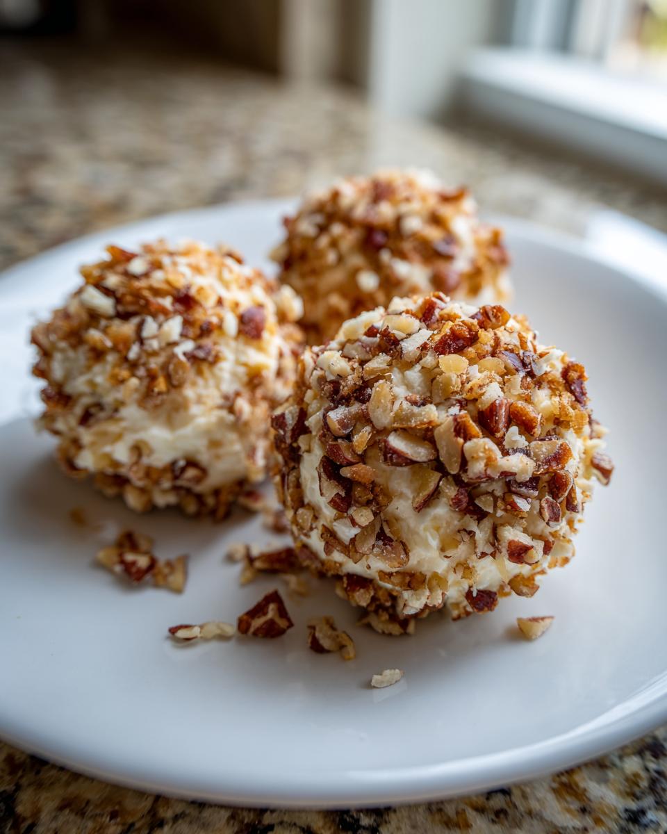Three individual portions of pineapple cheese ball appetizer rolled generously in chopped pecans on a white plate.