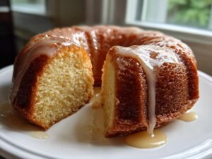 A moist Bacardi Rum Cake, glazed with a white icing, presented on a white plate with a slice cut out showing the crumb.