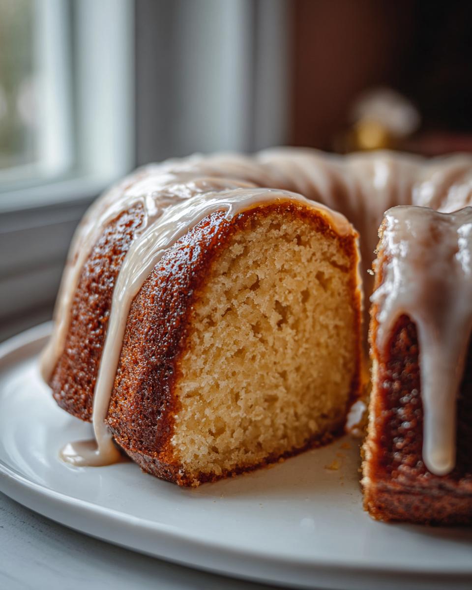 Close-up of a slice cut from a Bacardi Rum Cake, showing the moist crumb and thick rum glaze dripping down the side.