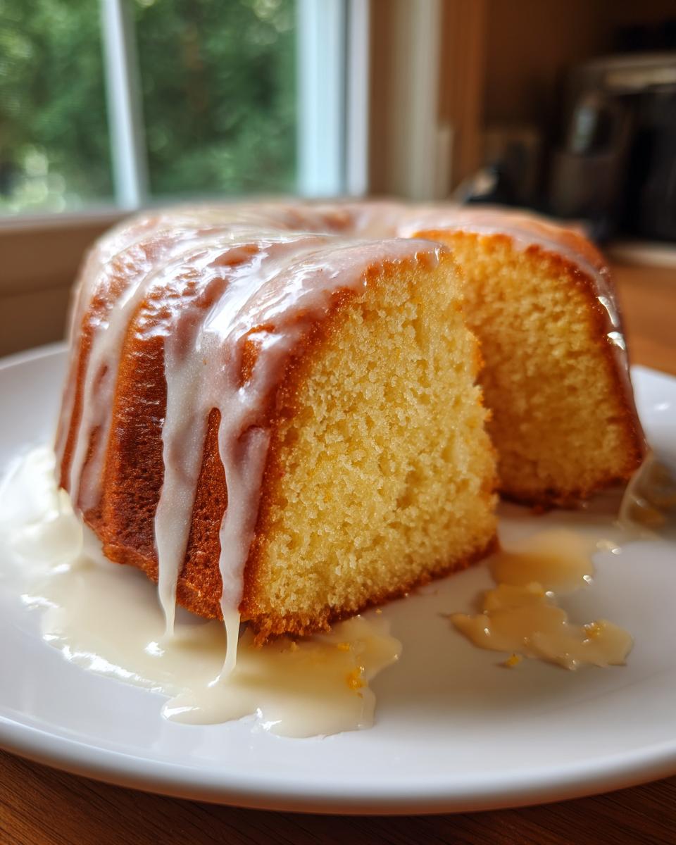 A slice of moist Bacardi Rum Cake drizzled heavily with white rum glaze, sitting on a white plate.