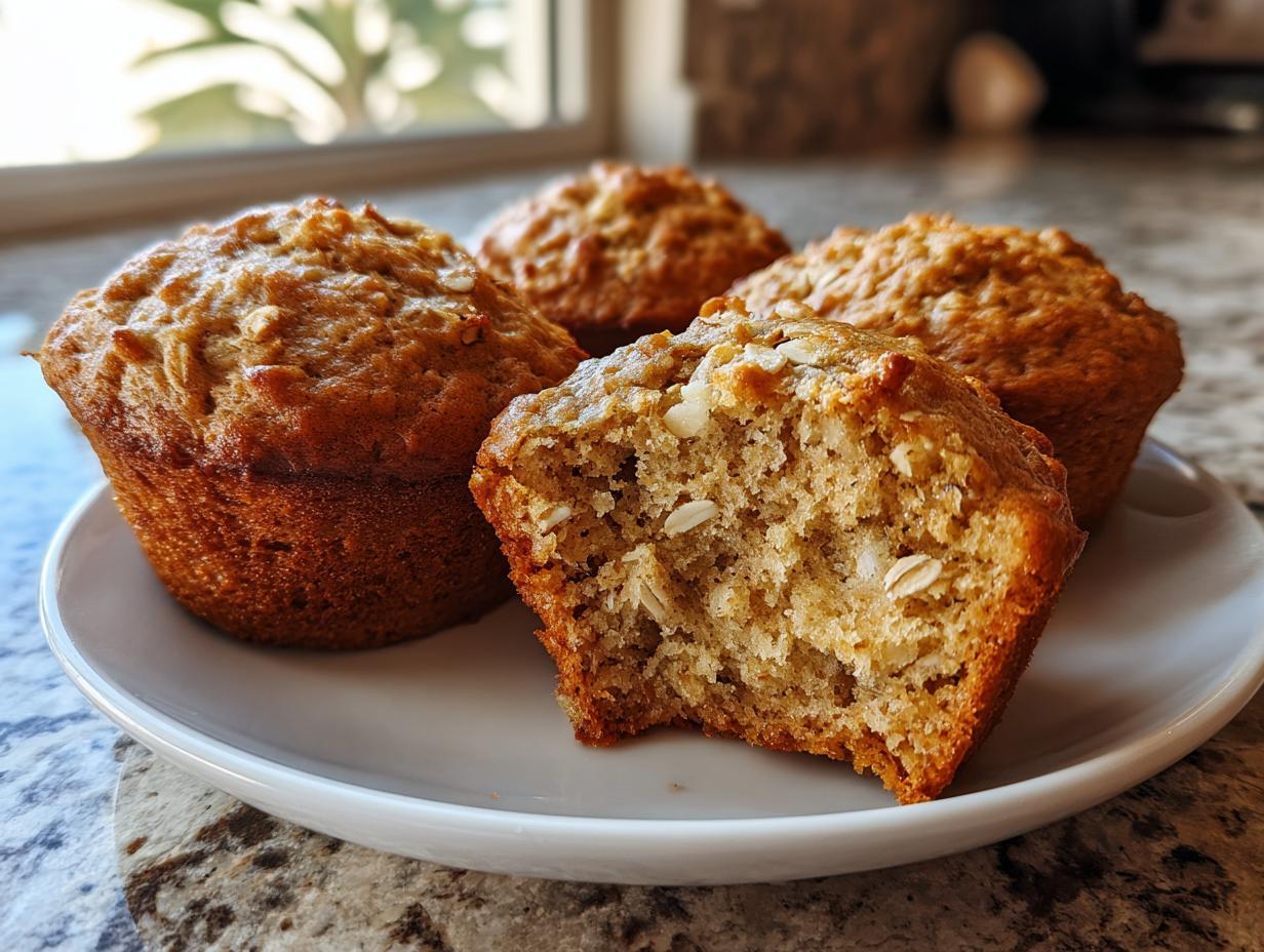 Close-up of four moist banana oatmeal muffins on a white plate, one muffin is broken open showing the texture.