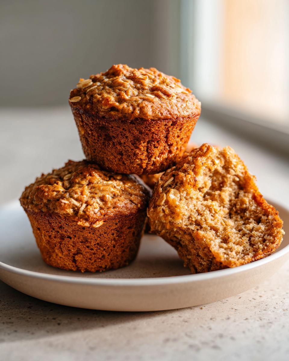 Three moist banana oatmeal muffins stacked on a light plate, one broken open showing the texture.