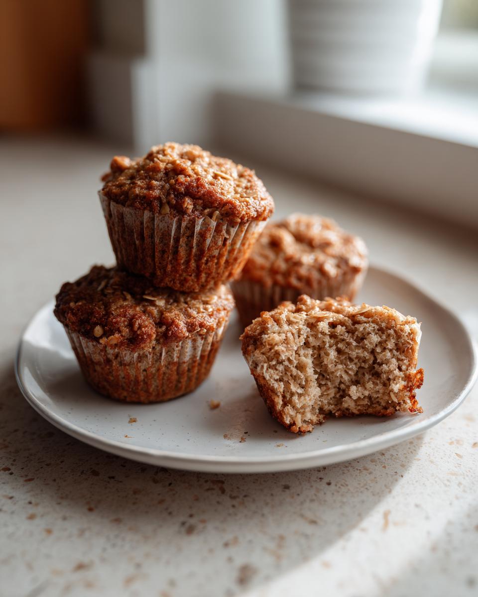 Four moist banana oatmeal muffins, one broken open to show the texture, served on a light gray plate.