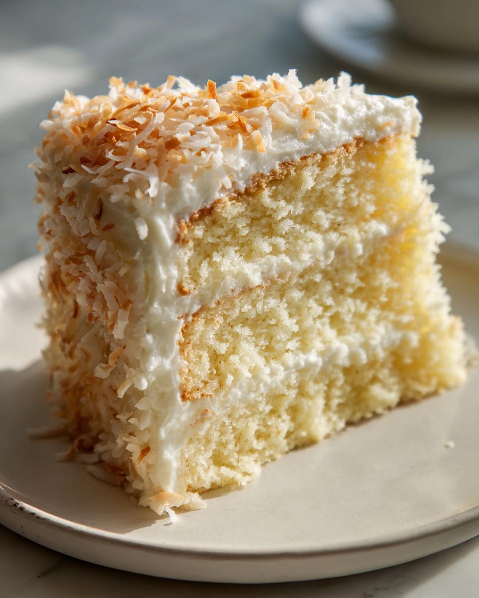 Close-up of a moist slice of coconut cake layered with white frosting and topped with toasted coconut flakes.