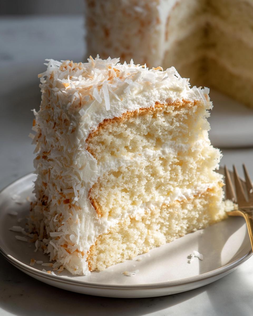 Close-up of a moist slice of coconut cake with white frosting and toasted coconut flakes.