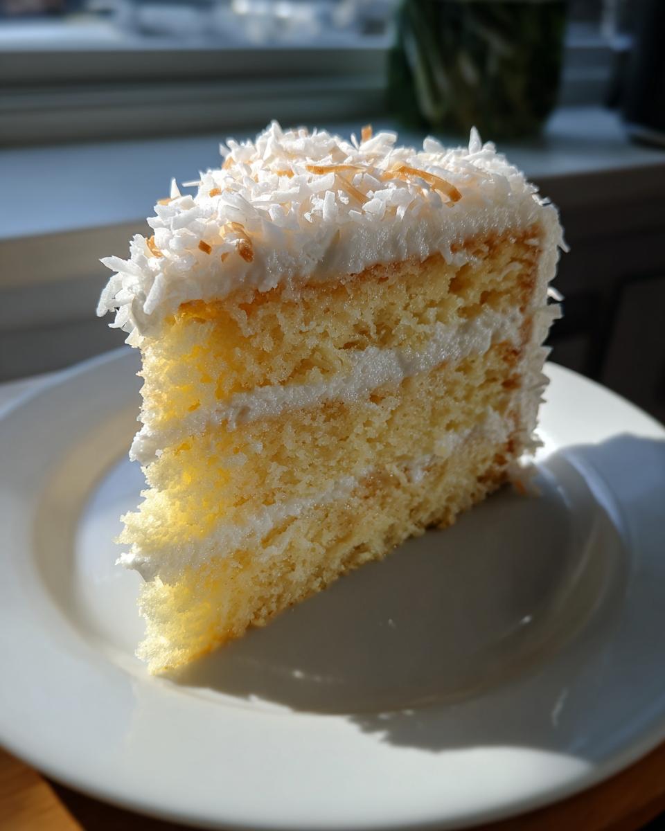 A moist slice of coconut cake with white frosting and toasted coconut flakes on top, sitting on a white plate.