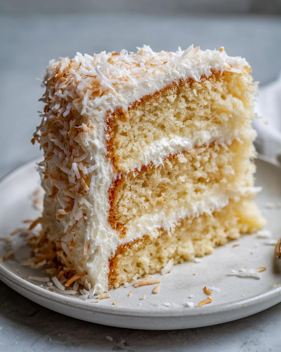 A tall slice of moist coconut cake layered with white frosting and covered in toasted coconut flakes.