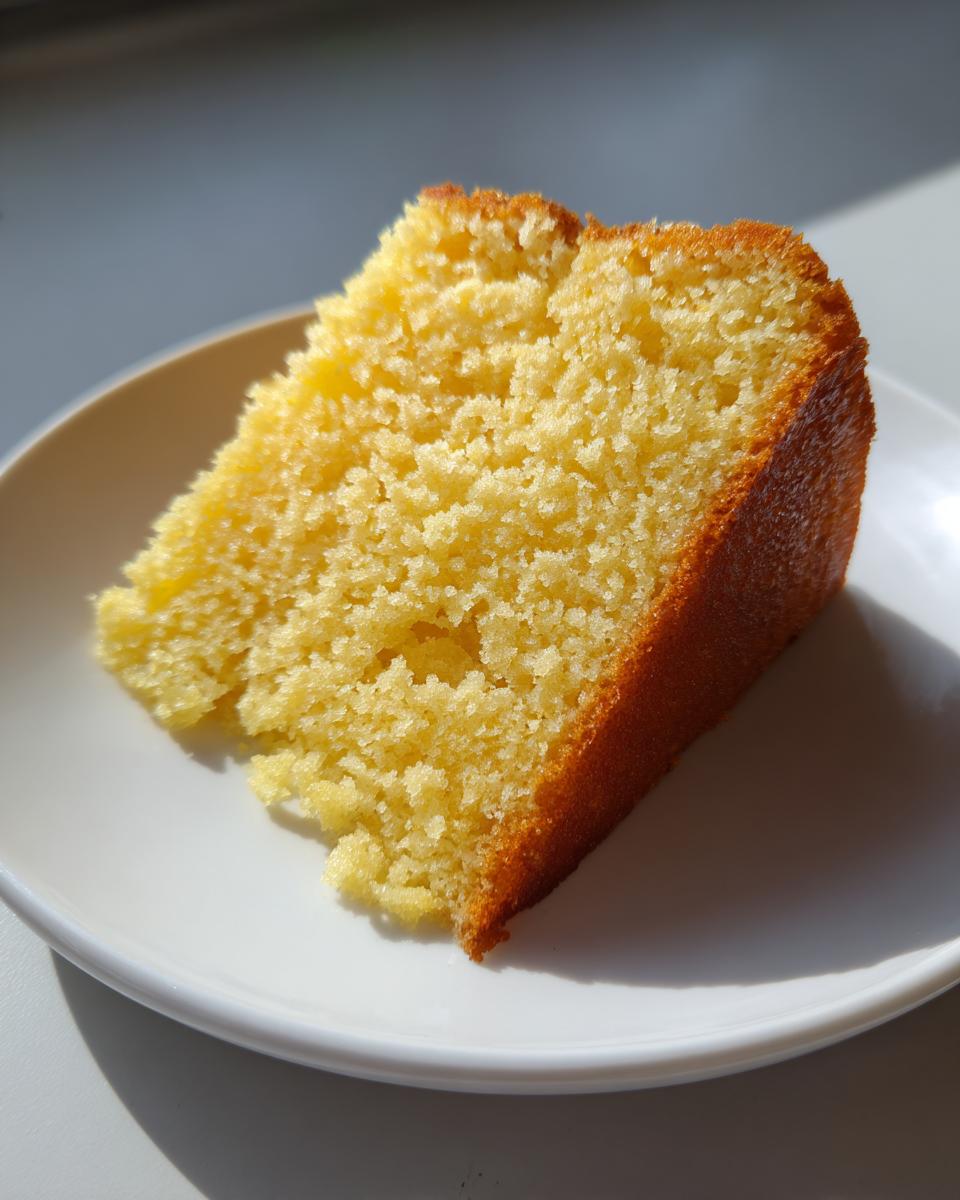 Close-up of a moist, yellow slice of condensed milk cake on a white plate, highlighted by sunlight.