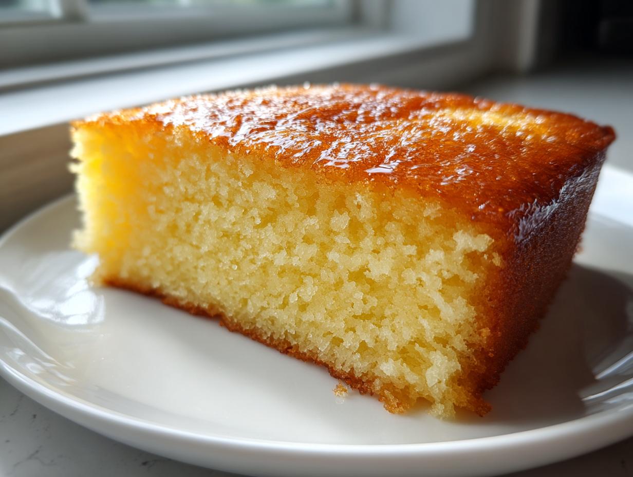 Close-up of a moist, golden slice of condensed milk cake with a shiny glaze on top, served on a white plate.