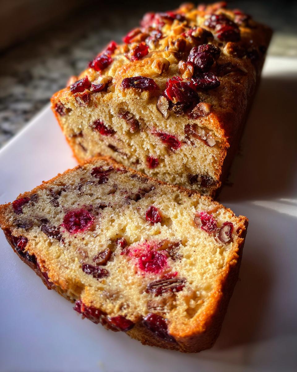 A loaf of moist cranberry walnut bread with one thick slice cut and resting against the main loaf.