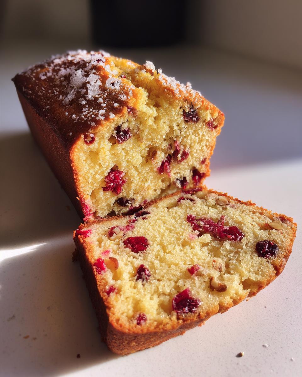 A loaf of moist cranberry walnut bread, sliced to show the interior texture filled with cranberries and nuts.