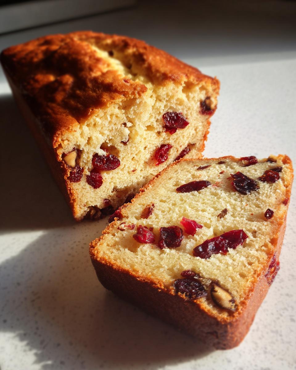 A loaf of moist cranberry walnut bread with one slice cut, showing dried cranberries and walnuts inside.