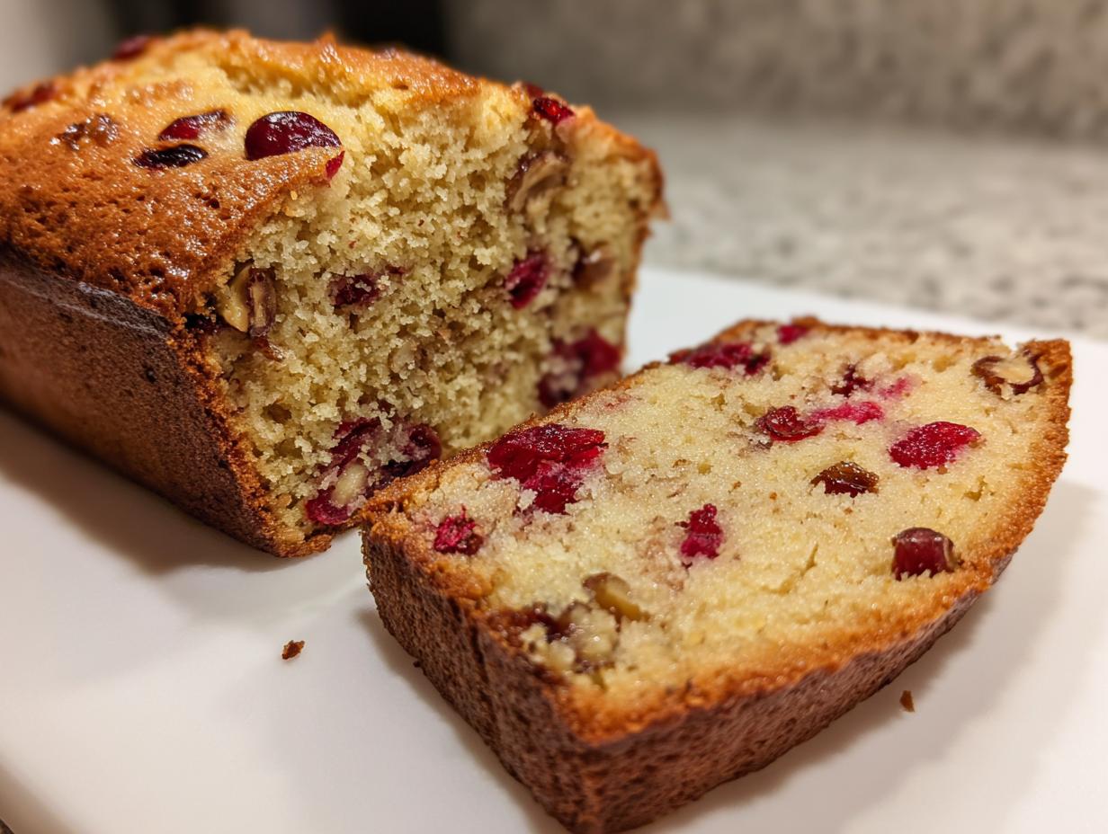 Close-up of a moist cranberry walnut bread loaf with one slice cut, showing cranberries and walnuts inside.