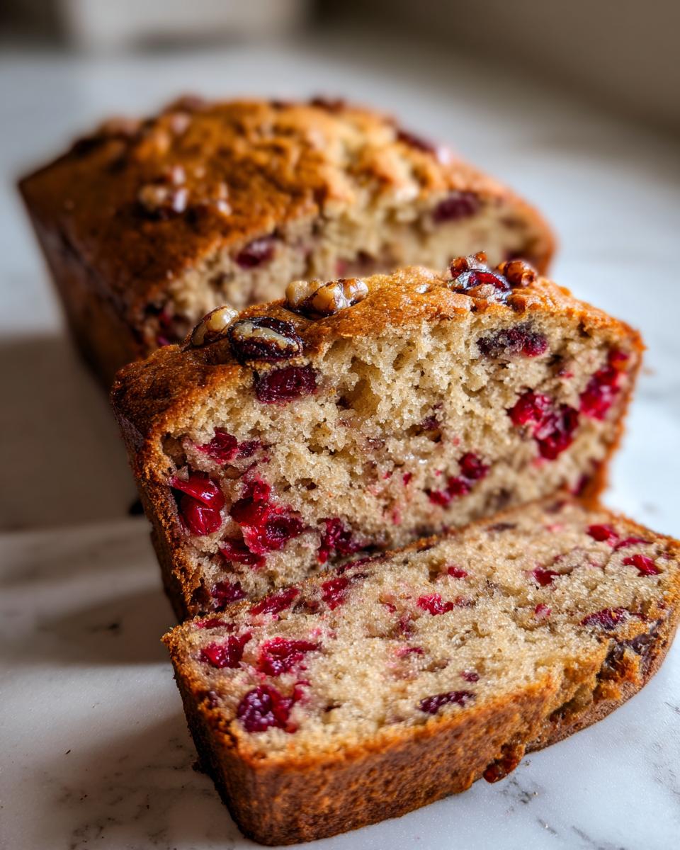 Close-up of moist cranberry walnut bread, showing bright red cranberries and walnuts in the crumb.