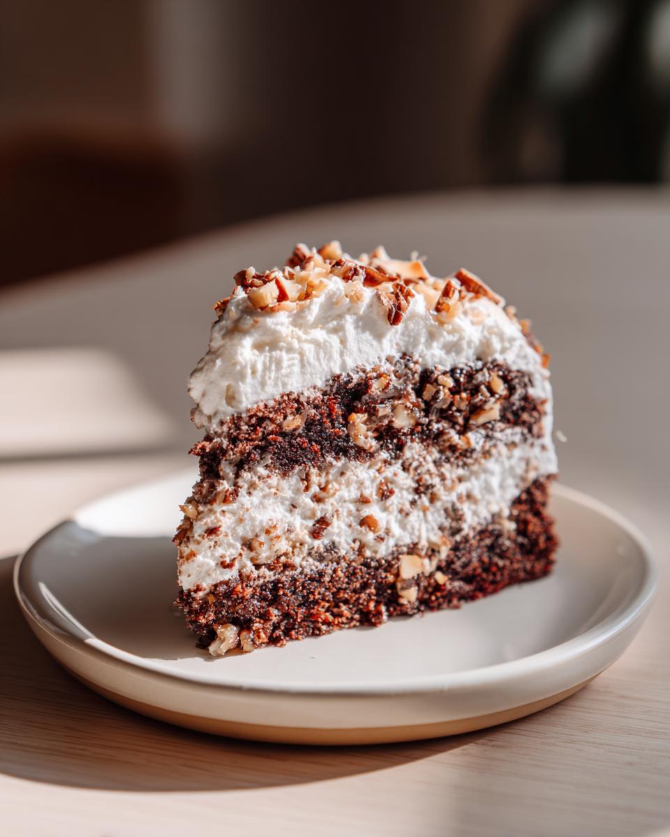 A moist slice of german chocolate poke cake layered with cream and topped with chopped pecans.