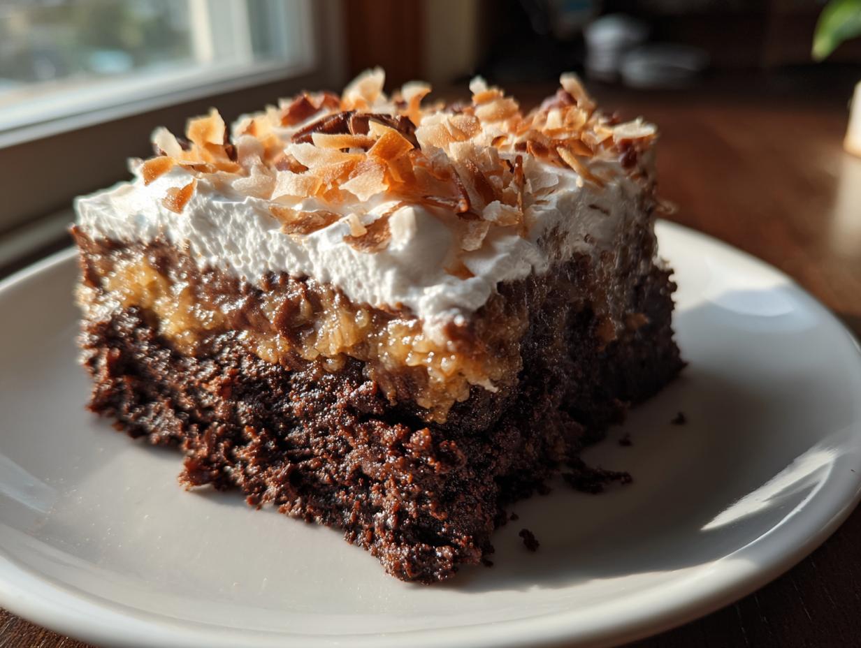 A moist slice of german chocolate poke cake with whipped topping and toasted coconut.