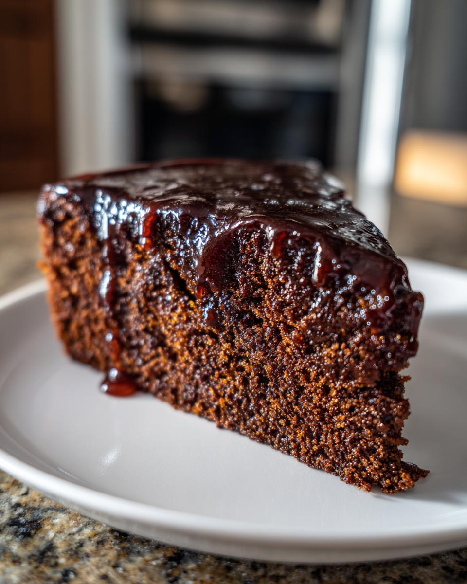 Close-up of a moist slice of gingerbread cake topped with a rich, dark, glossy glaze.