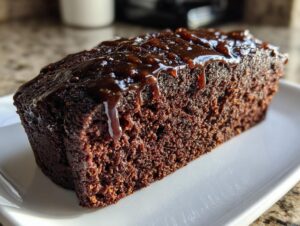 Close-up of a moist slice of dark gingerbread cake topped with a thick, dripping brown glaze.