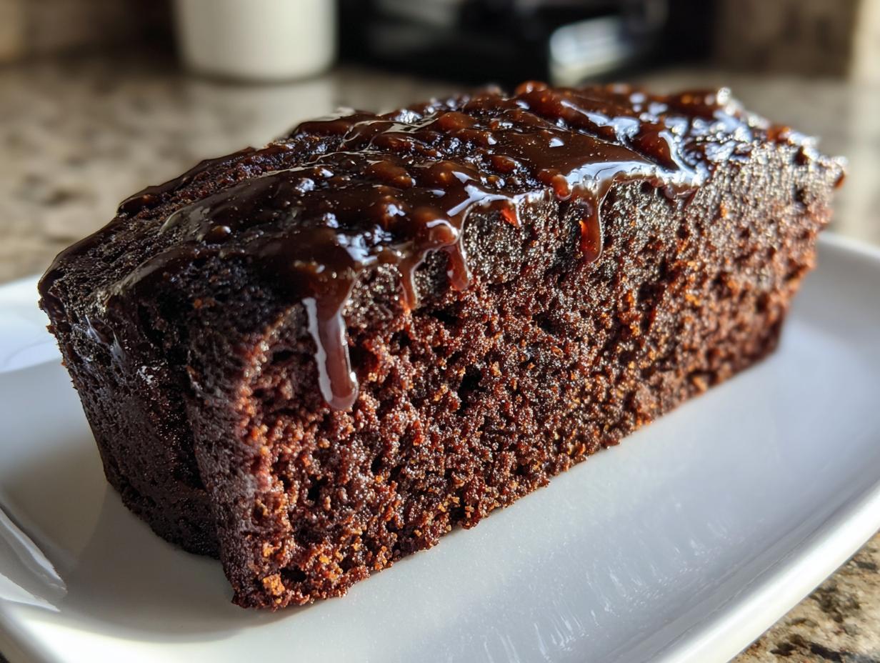 Close-up of a moist slice of dark gingerbread cake topped with a thick, dripping brown glaze.
