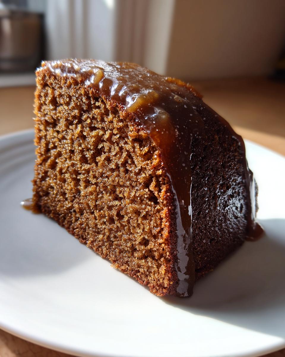 Close-up of a moist slice of gingerbread cake topped with a rich, dripping toffee glaze.