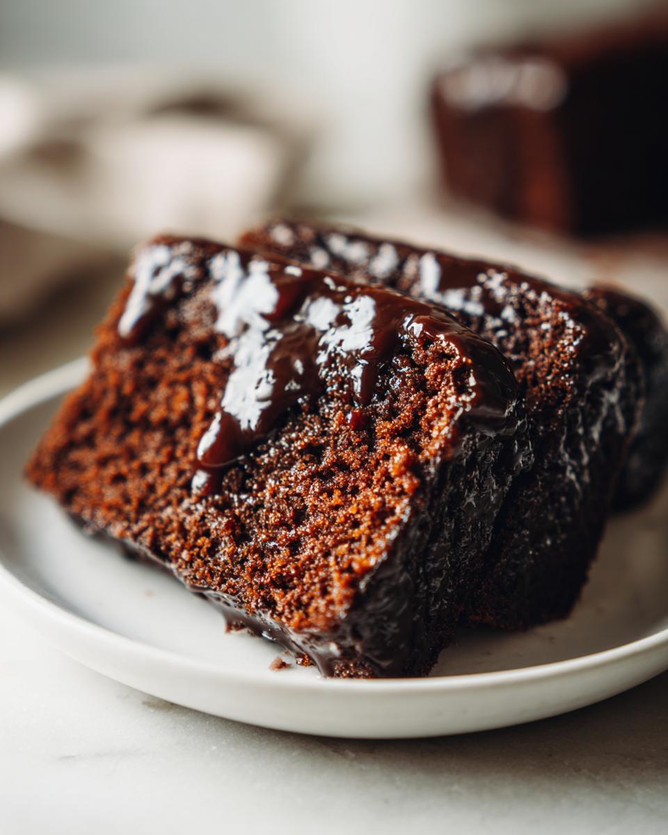 Close-up of two moist slices of dark gingerbread cake topped with a rich chocolate glaze on a white plate.