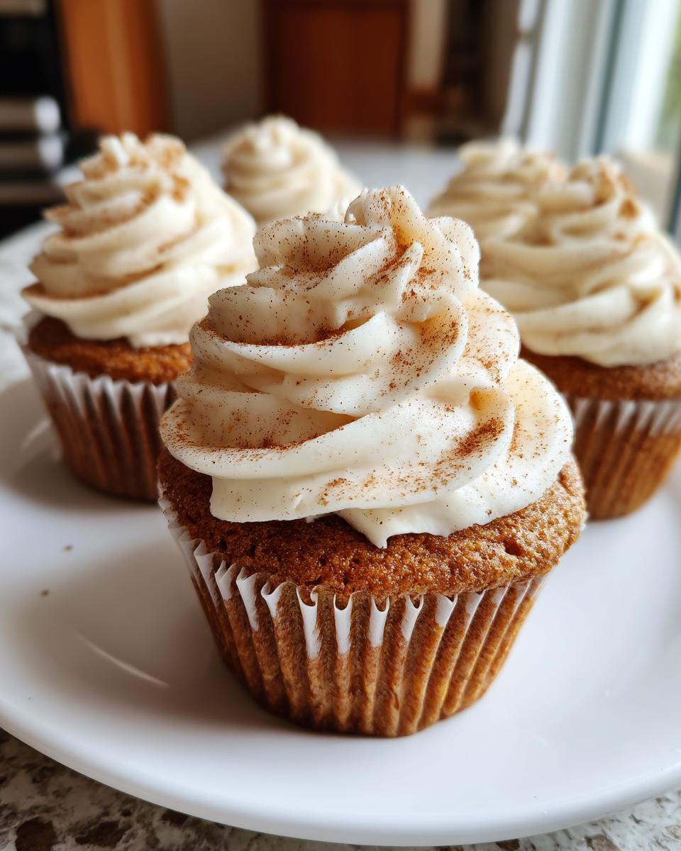 Close-up of moist gingerbread cupcakes topped with swirled cream cheese frosting and a dusting of cinnamon.