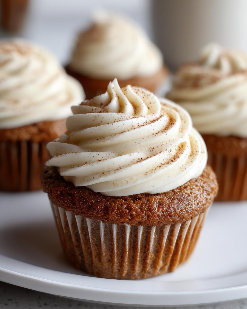 A close-up of a perfectly frosted gingerbread cupcake, topped with a dusting of cinnamon.