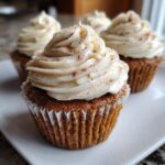 Close-up of a moist gingerbread cupcake topped with thick, swirled cream cheese frosting and a dusting of cinnamon.