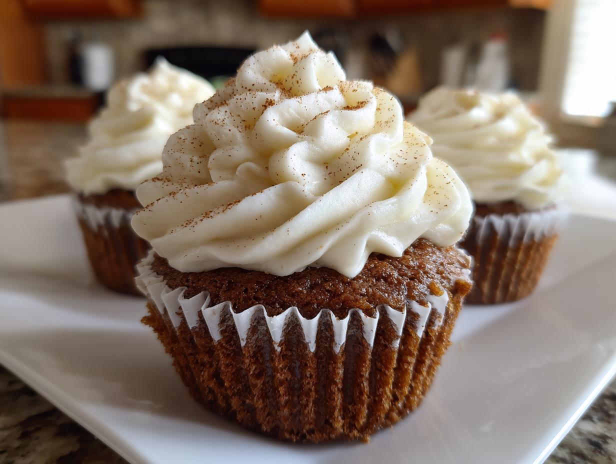 Close-up of a moist gingerbread cupcake topped with thick white frosting and a sprinkle of cinnamon.